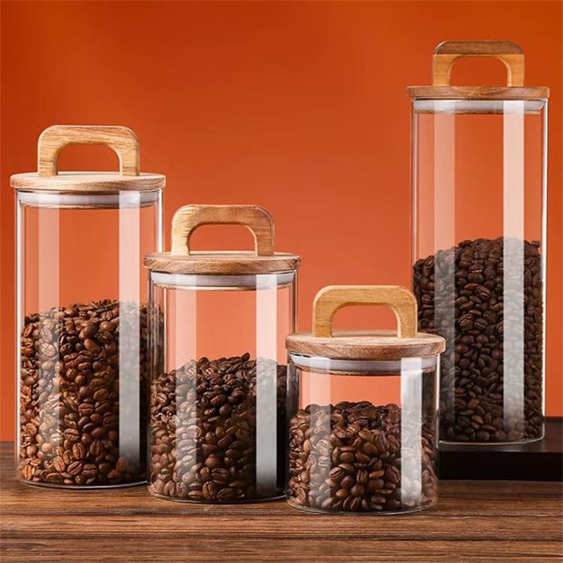 Tea Coffee Sugar Container - Klarglasbehälter mit Bambusdeckel, versiegelter Kanister, Lebensmittelaufbewahrungsbehälter