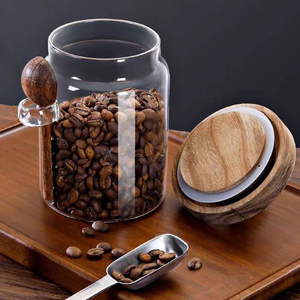 Tea Coffee Sugar Container - Glas-Kaffeebohnen-Aufbewahrungsdose Luftdichter Holzdeckel Auslaufsicherer Küchenbehälter Teebehälter