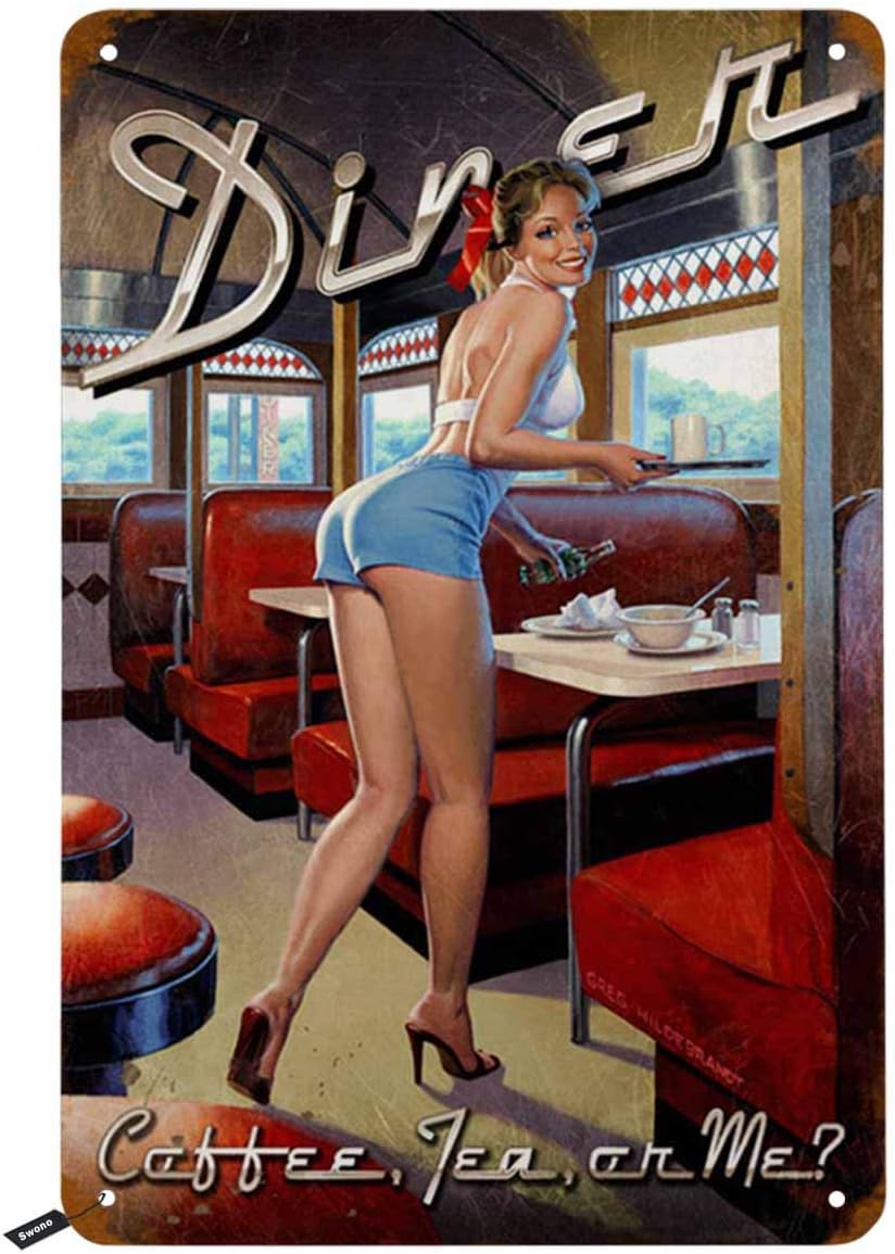 Coffee Tea With Me - Swono Dinner-Blechschilder, Pin-up-Girl Lächeln auf dem